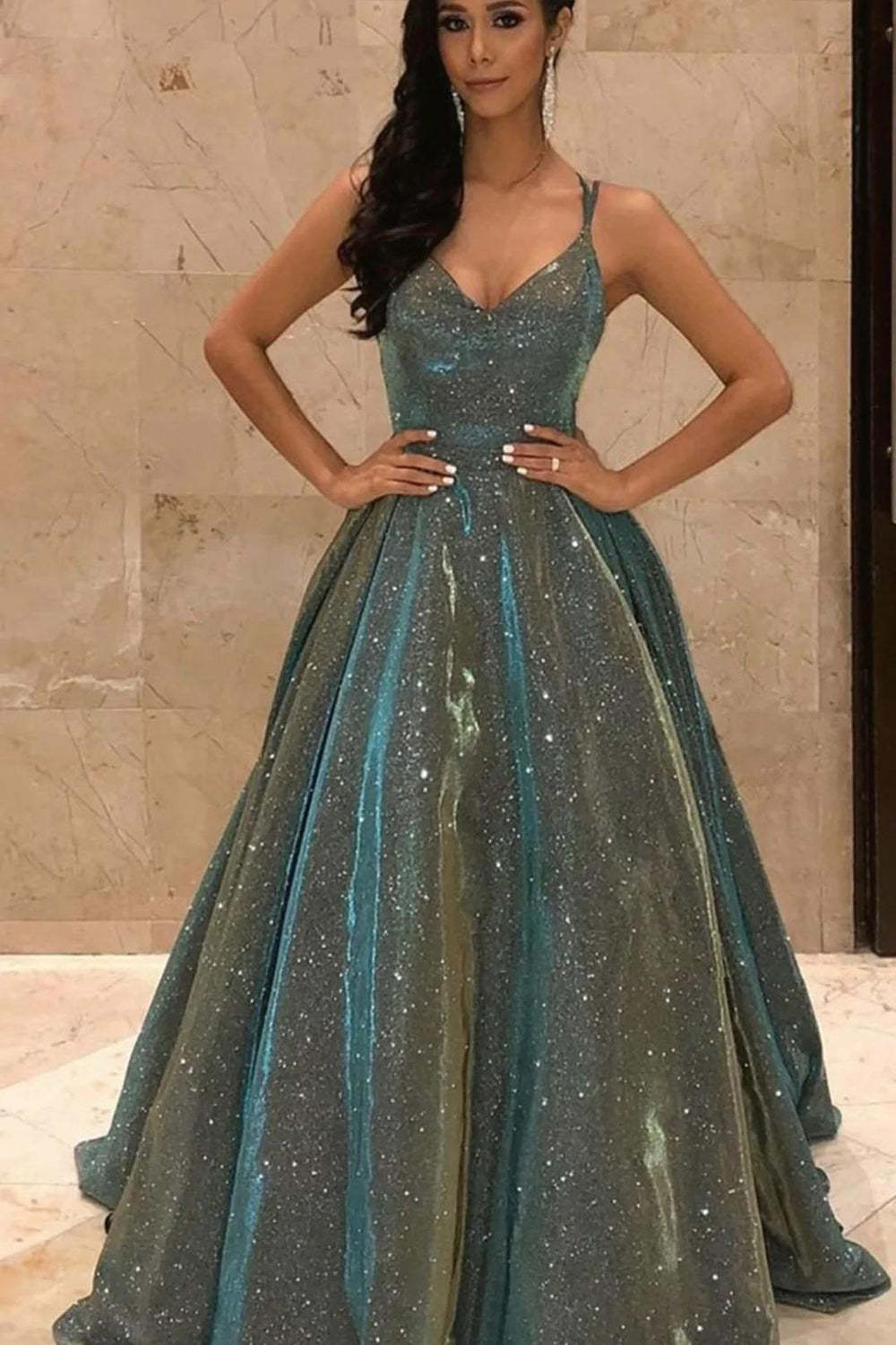Dark Green Long Prom Dress with Bling A Line Spaghetti Straps