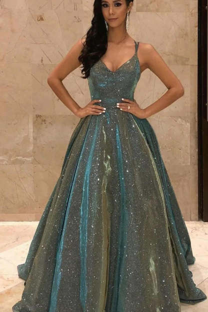 Dark Green Long Prom Dress with Bling A Line Spaghetti Straps