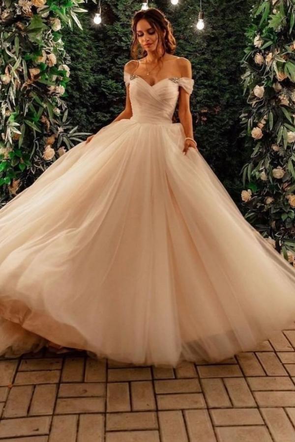 Elegant Tulle Off-the-Shoulder A-Line Long Wedding Dress with Chapel Train