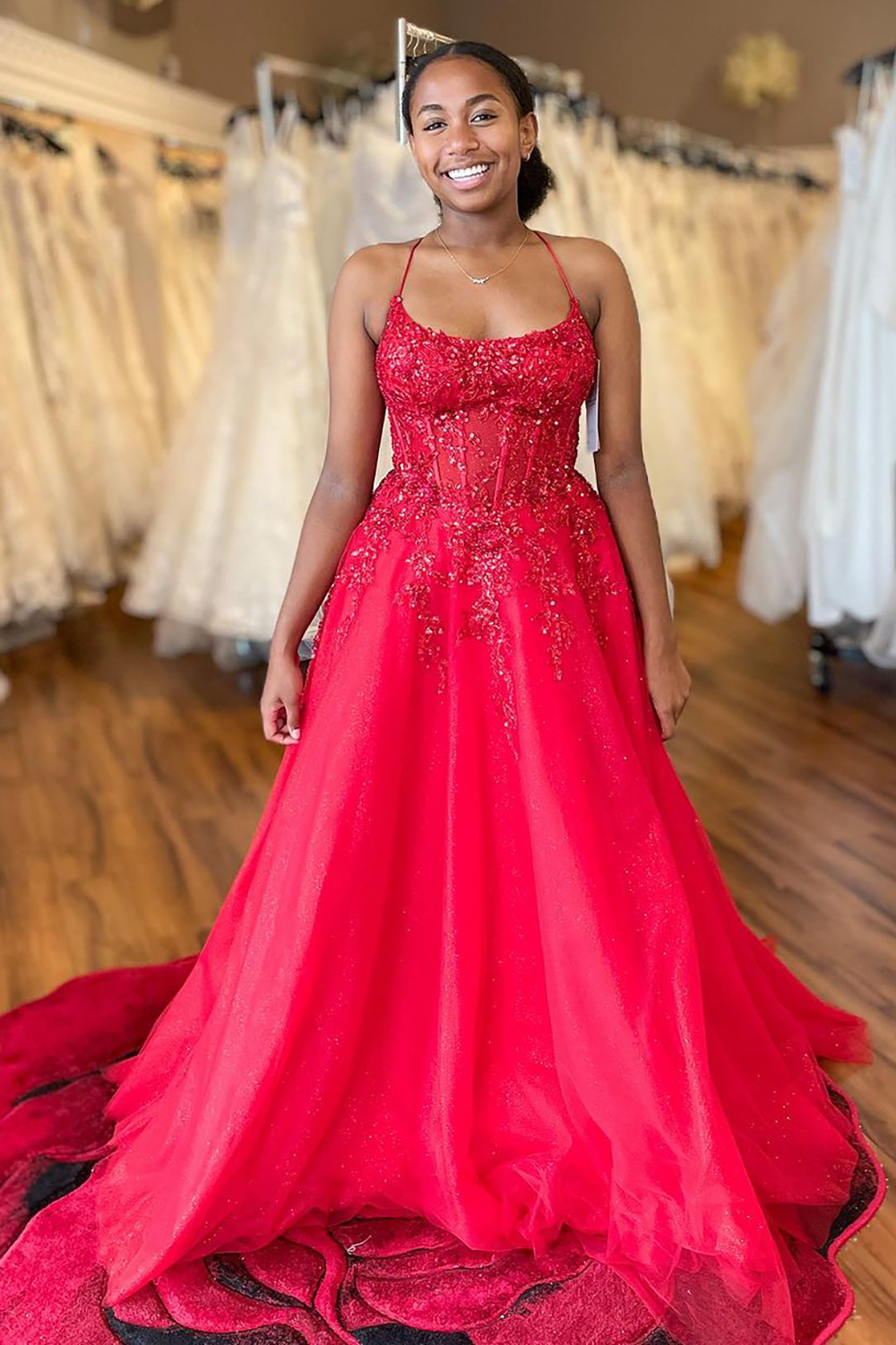 Hot Pink Sparkly Corset Prom Dress with Appliques and A-Line Spaghetti Straps