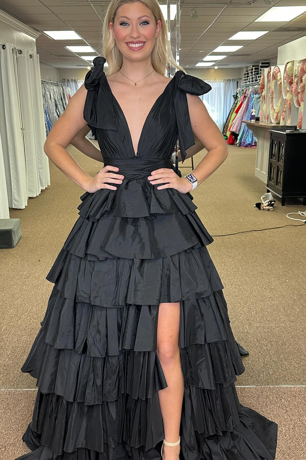 Deep V Neck Fuchsia Princess Prom Dress with Ruffles in A Line
