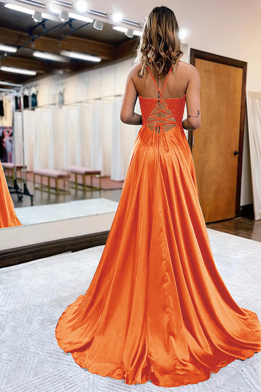 Prom Dress in Dark Green Satin with A-Line Silhouette and Appliques Featuring a Slit