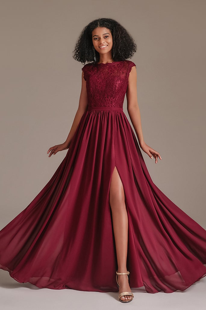 Burgundy Cap Sleeves Bridesmaid Dress with Slit