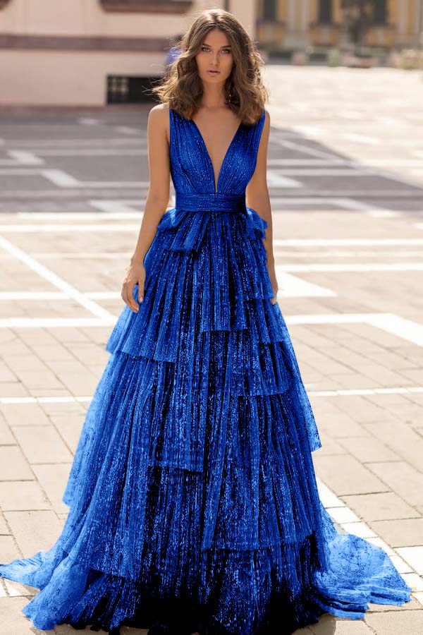 Tulle Straps V Neck Sleeveless Long Formal Dress With Sequin Pleated