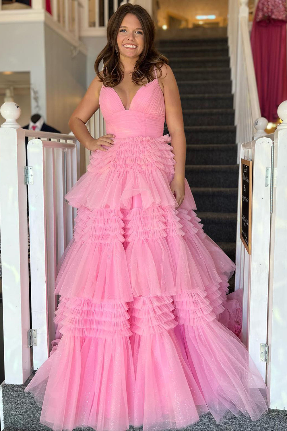 Long Prom Dress with Red Tulle and Spaghetti Straps