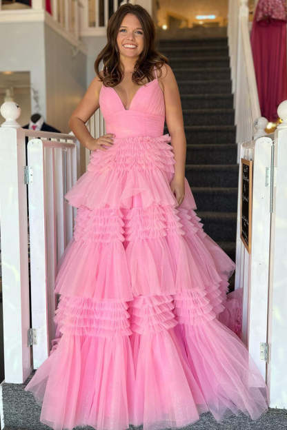 Long Prom Dress with Red Tulle and Spaghetti Straps