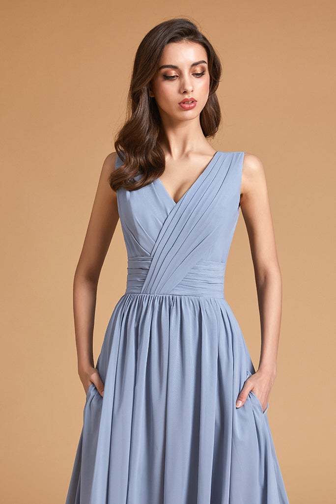 Sleeveless Dusty Blue Bridesmaid Dress with Slit