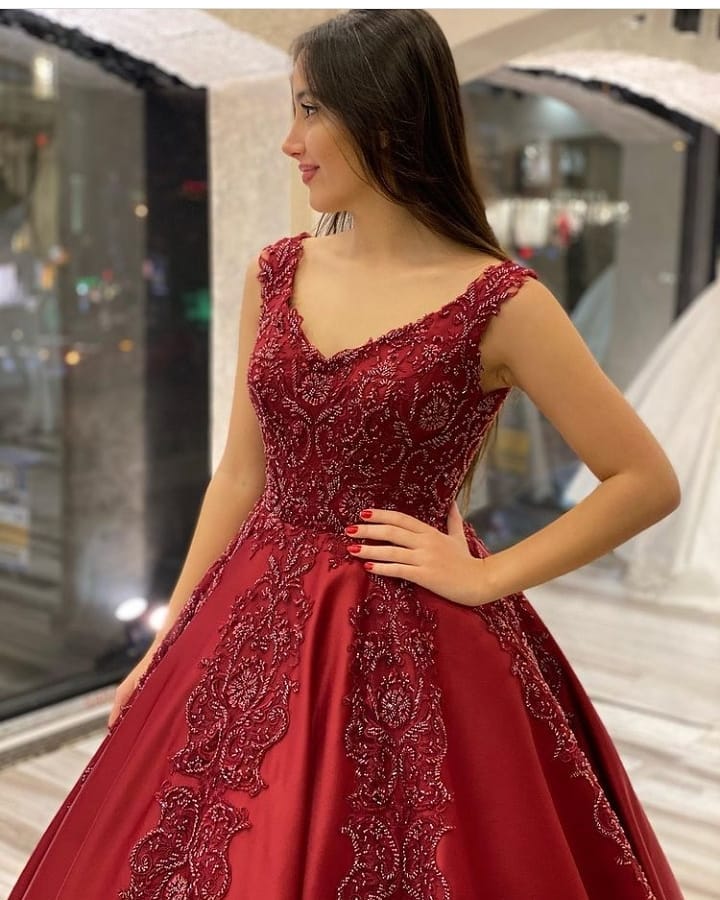 Glamorous Backless A-Line Satin Ruffles V-Neck Train Wedding Dress with Appliques Beading