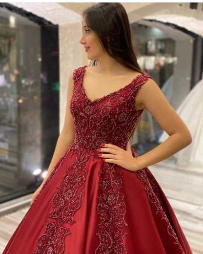 Glamorous Backless A-Line Satin Ruffles V-Neck Train Wedding Dress with Appliques Beading