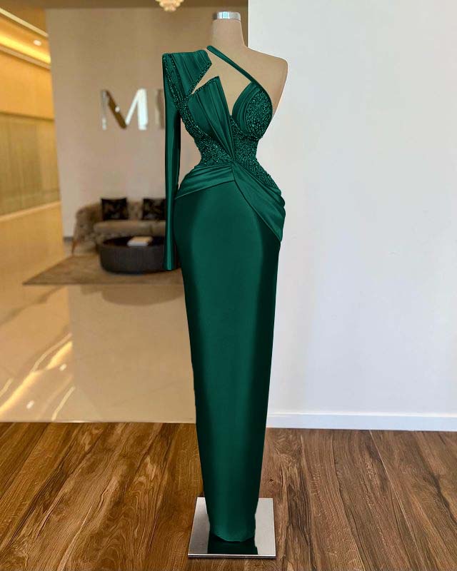 Long Sleeve One Shoulder Long Formal Dress With Pleated Appliques