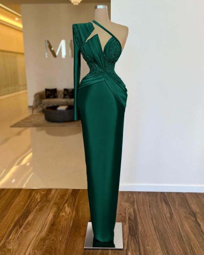 Long Sleeve One Shoulder Long Formal Dress With Pleated Appliques
