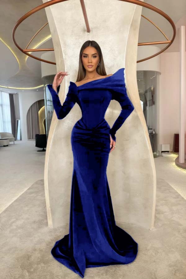 Off the Shoulder Long Sleeves Long Mermaid Formal Dress With Pleated