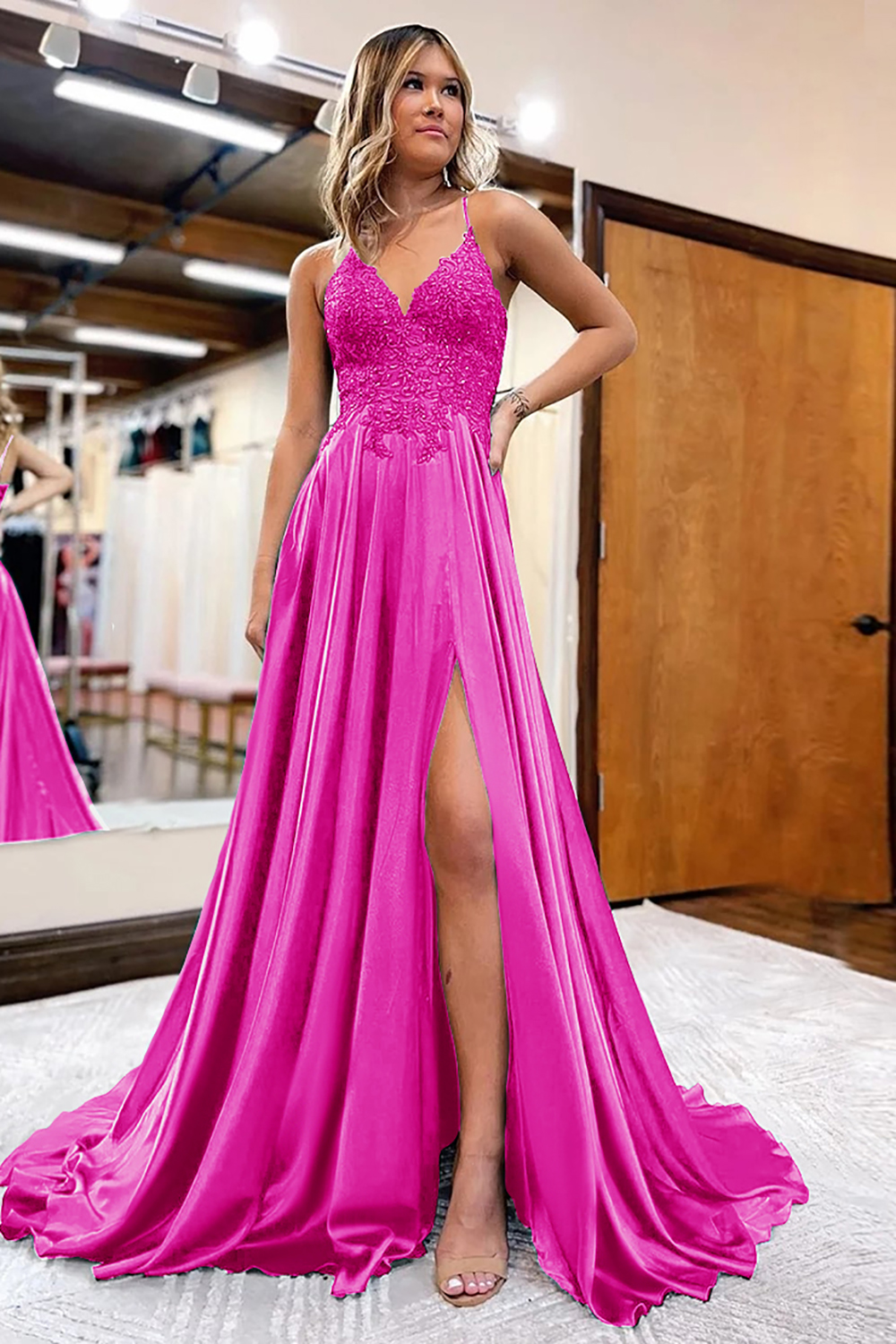Prom Dress in Dark Green Satin with A-Line Silhouette and Appliques Featuring a Slit