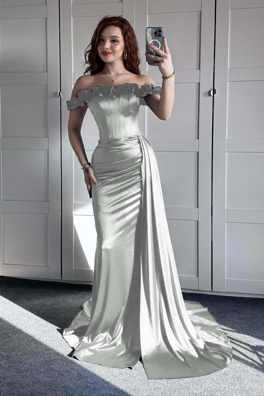 Off the Shoulder Sleeveless Mermaid Long Formal Dress With Ruffles