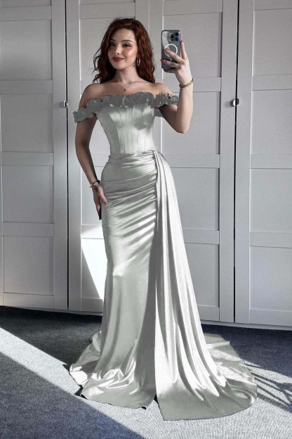 Off the Shoulder Sleeveless Mermaid Long Formal Dress With Ruffles