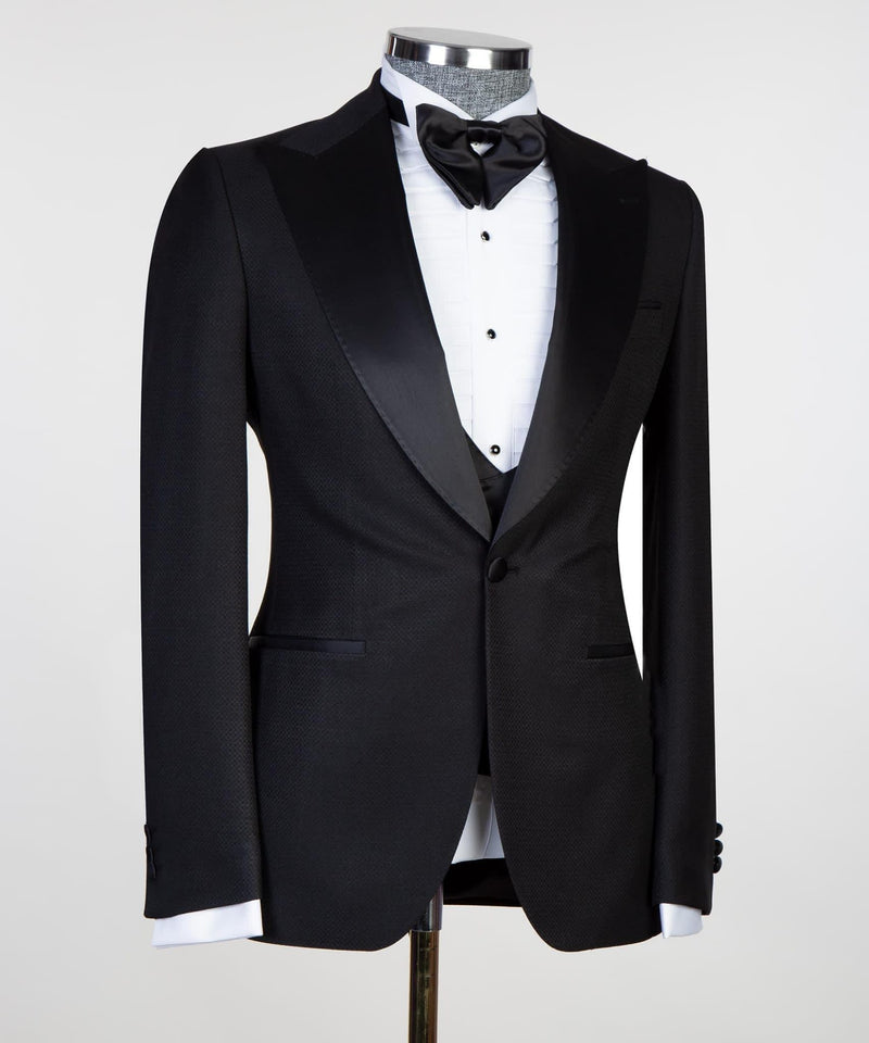 Edmund New Arrival Black Satin Peaked Lapel Men's Suits with Three-Piece