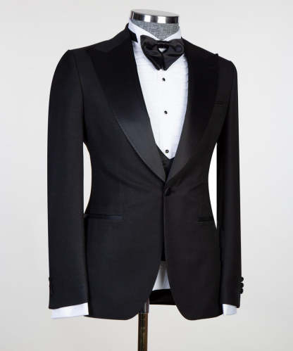 Edmund New Arrival Black Satin Peaked Lapel Men's Suits with Three-Piece