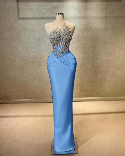 Strapless Sleeveless Long Mermaid Formal Dress With Beading Pleated