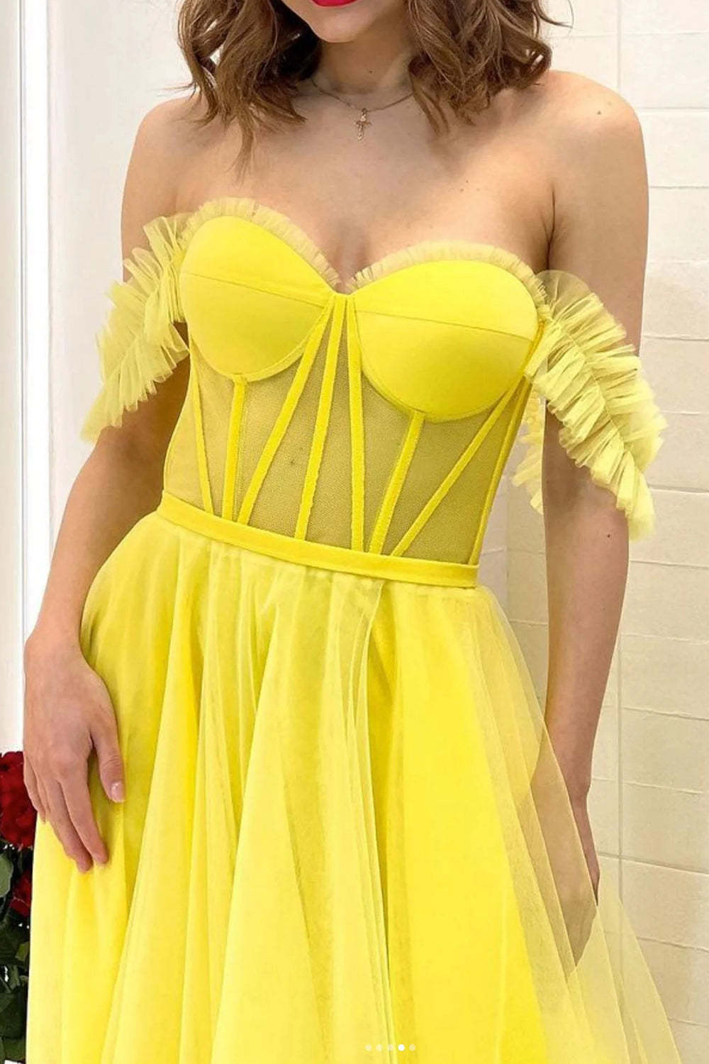 Yellow Off-the-Shoulder A-Line Corset Prom Gown