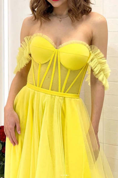 Yellow Off-the-Shoulder A-Line Corset Prom Gown