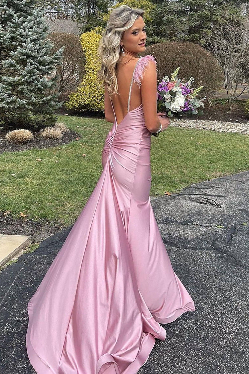 Pink Long Prom Dress with Mermaid Spaghetti Straps and Feather