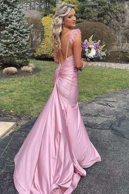 Pink Long Prom Dress with Mermaid Spaghetti Straps and Feather