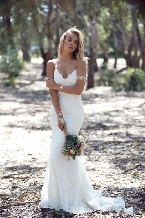 Gorgeous V-Neck Open Back Mermaid Spaghetti-Straps Wedding Dress with Lace Floral