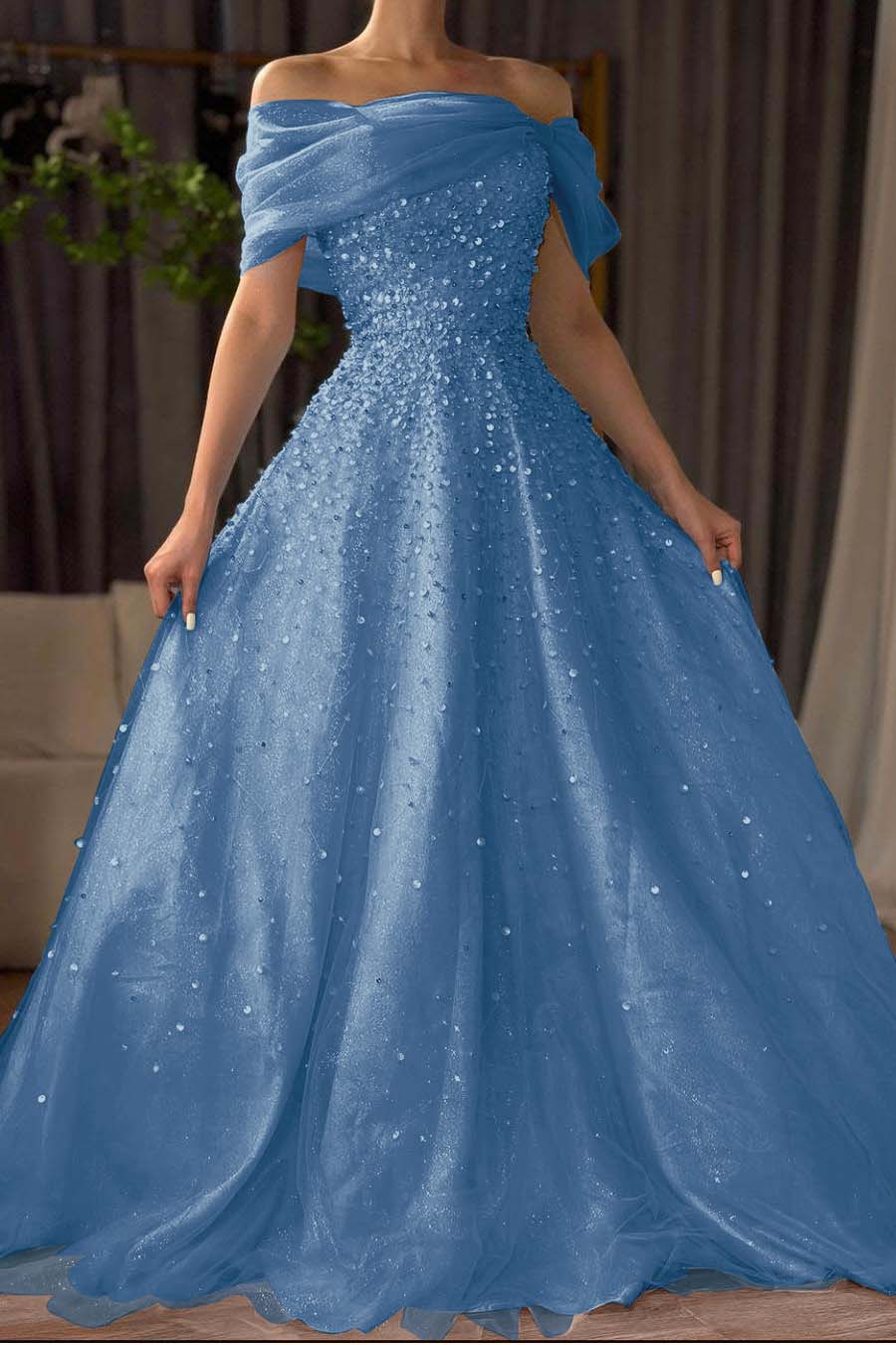 Off the Shoulder Sleeveless Long Formal Dress With Beading Tulle