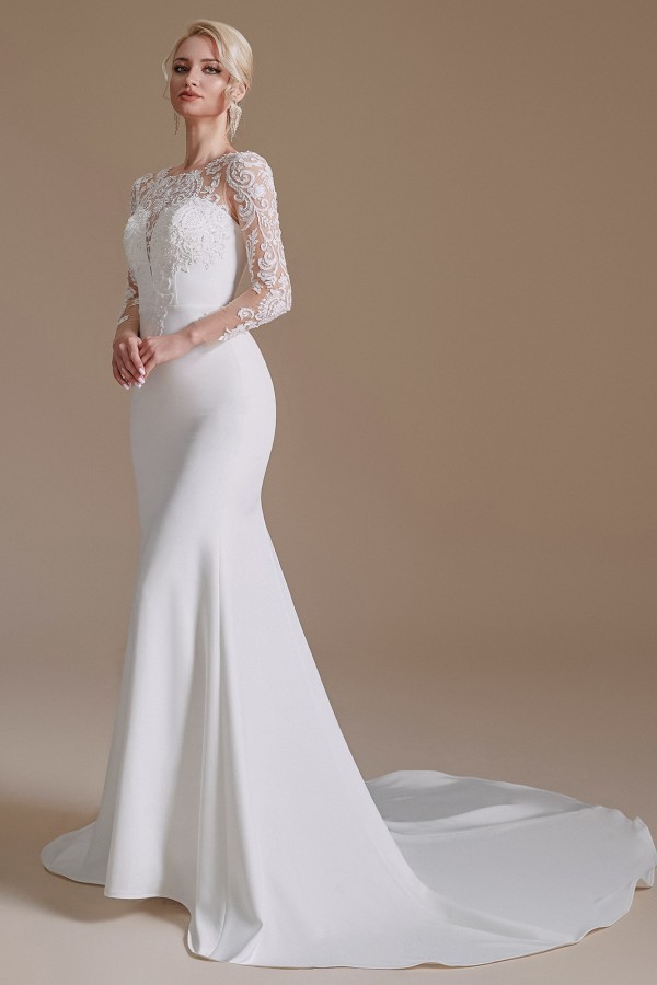 Romantic Mermaid Jewel Satin Lace Long Wedding Dress with Sleeves