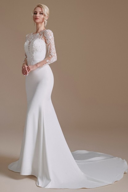 Romantic Mermaid Jewel Satin Lace Long Wedding Dress with Sleeves