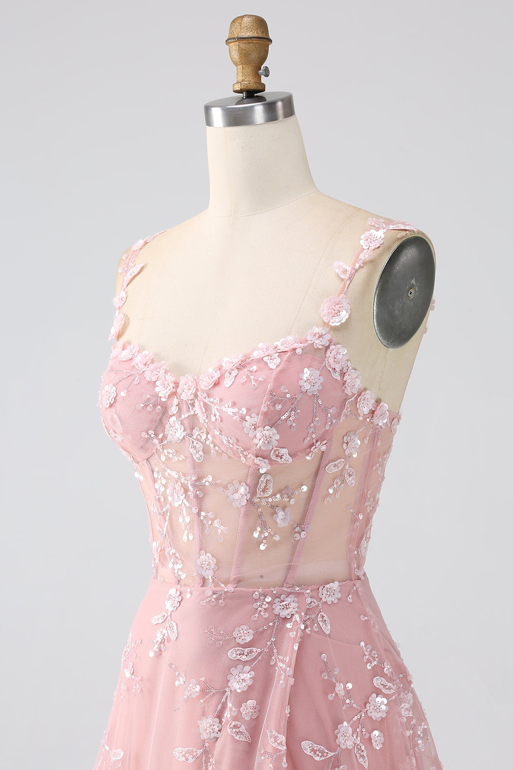 Long Corset Prom Dress in Blush with A-Line Silhouette and Spaghetti Straps Adorned with Appliques