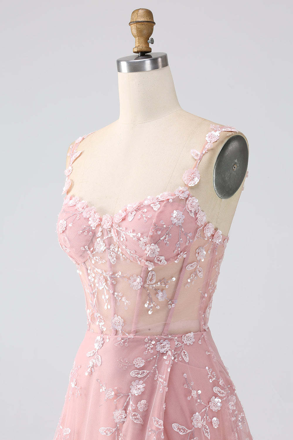 Long Corset Prom Dress in Blush with A-Line Silhouette and Spaghetti Straps Adorned with Appliques