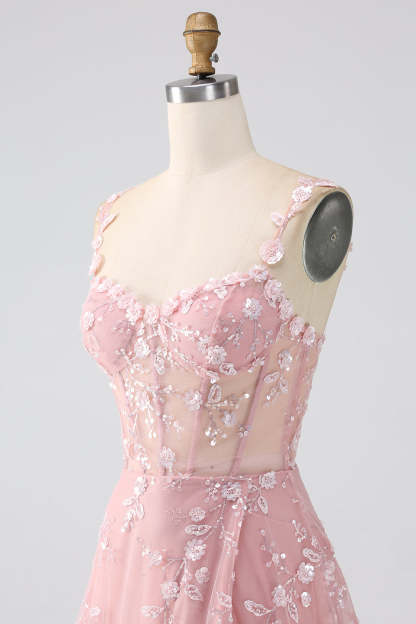 Long Corset Prom Dress in Blush with A-Line Silhouette and Spaghetti Straps Adorned with Appliques