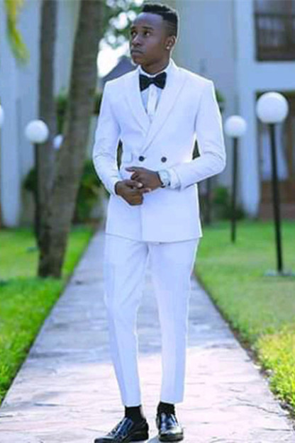 Stylish White Peaked Lapel Men's Wedding Outfits with Double-Breasted