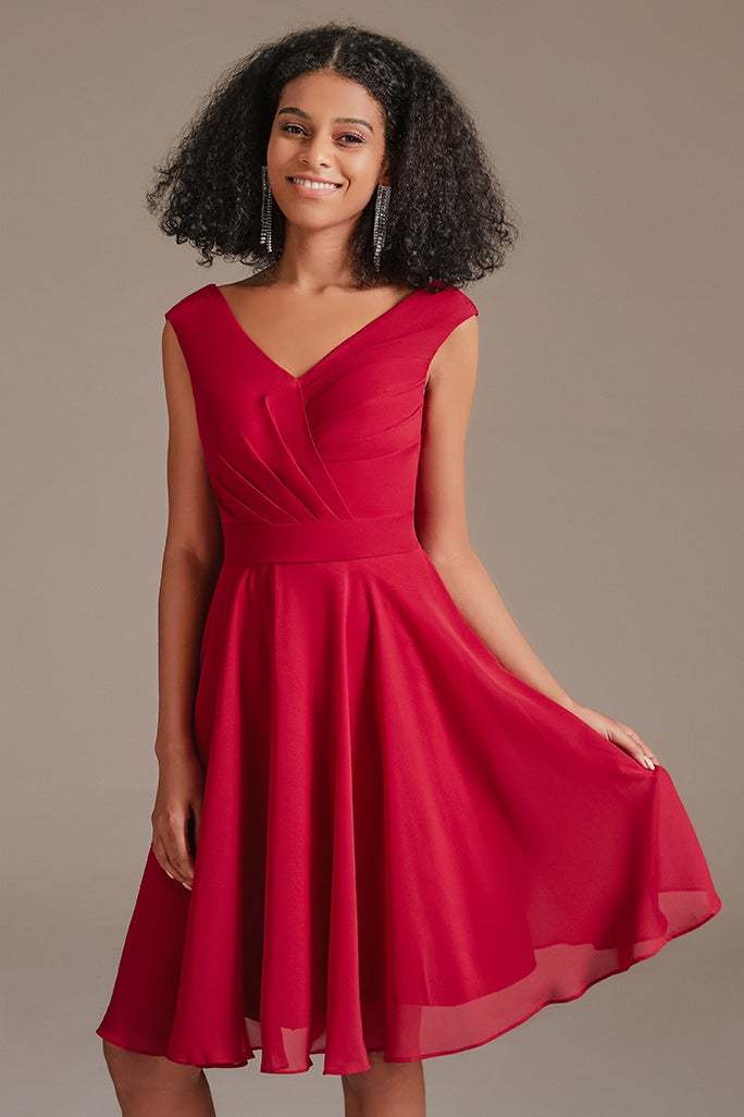 Red Junior V-Neck Bridesmaid Dress