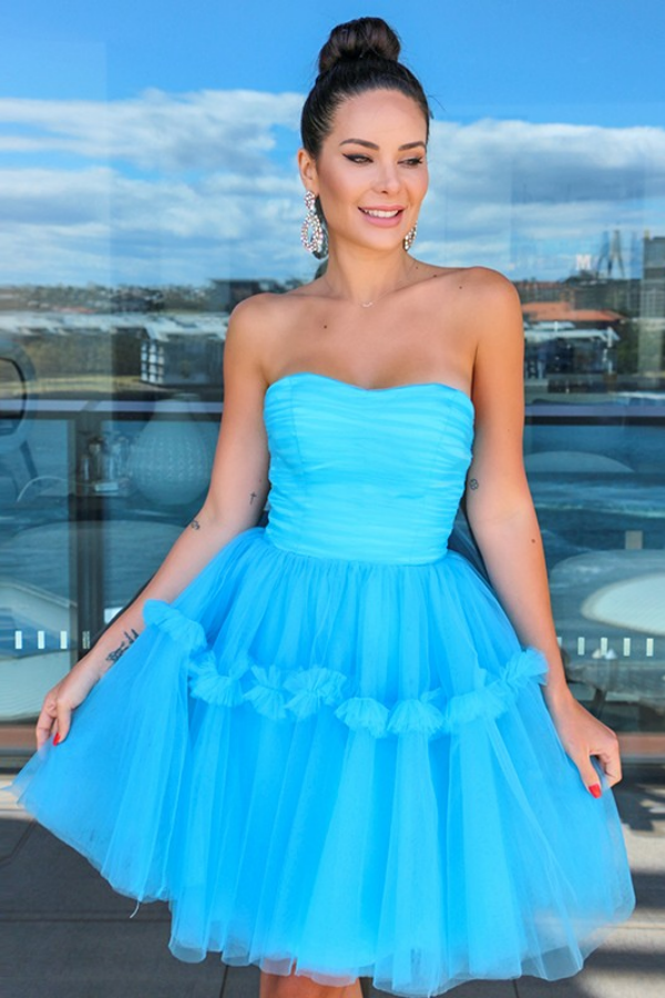 Charming Pool Blue Strapless Tulle Short Mini cocktail Dress With Layered Skirt