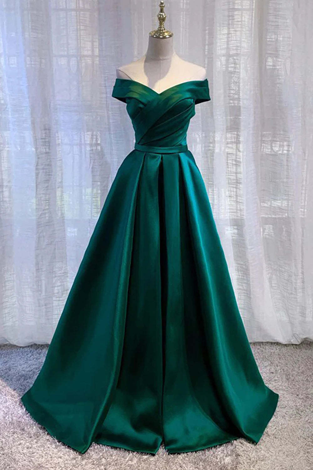 Dark Green Long A-Line Prom Dress with Off-the-Shoulder Elegance