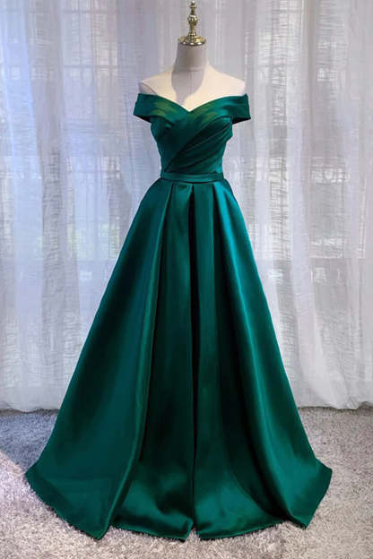 Dark Green Long A-Line Prom Dress with Off-the-Shoulder Elegance