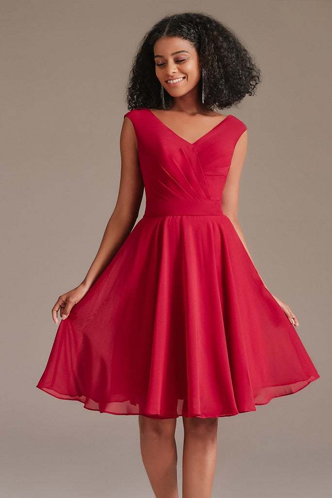Red Junior V-Neck Bridesmaid Dress