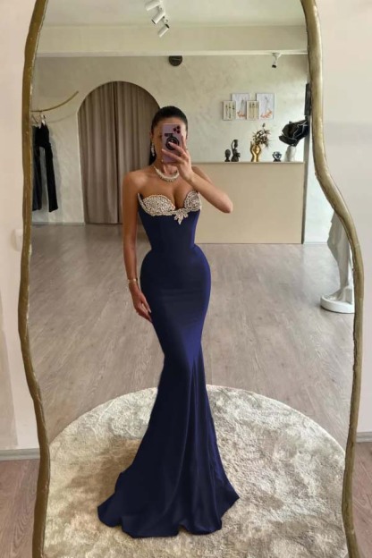 Strapless Sleeveless Long Mermaid Formal Dress With Beading Pleated