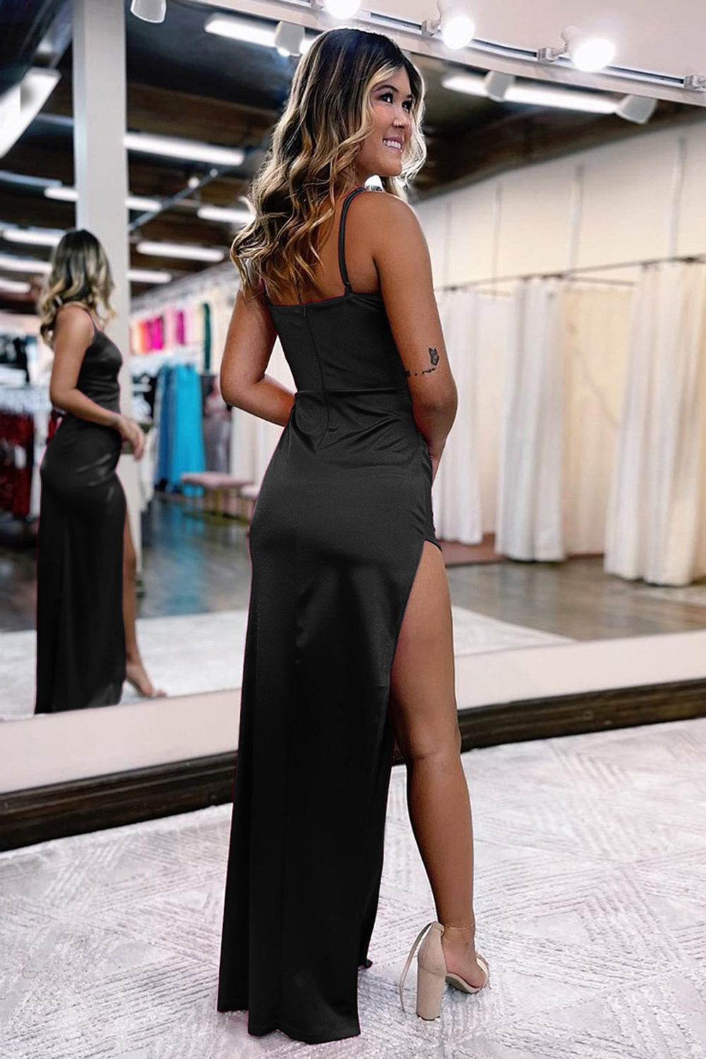 Simple V-Neck Prom Dress in Hot Pink Satin with Slit