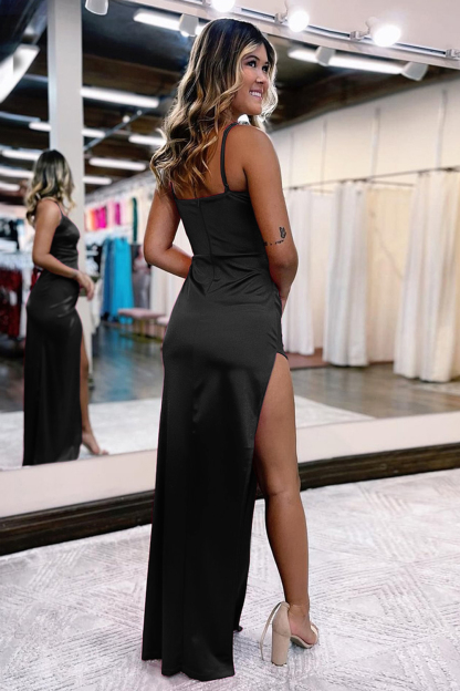 Simple V-Neck Prom Dress in Hot Pink Satin with Slit