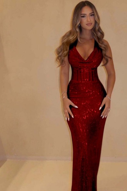 Sequin Halter Sleeveless Long Mermaid Formal Dress With Pleated