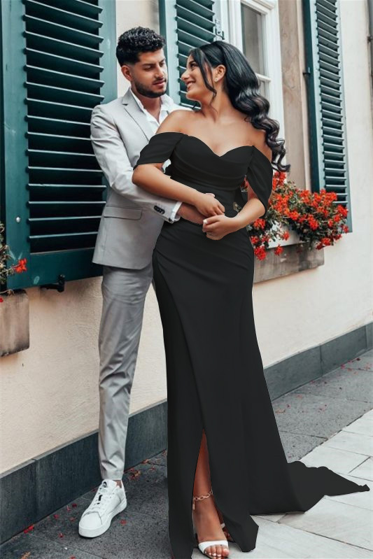 Charmeuse Off-the-Shoulder Wedding Dress with Split