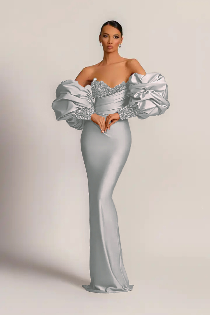 Charming Purple Strapless Mermaid Long Formal Dress With Appliques Puff Sleeves