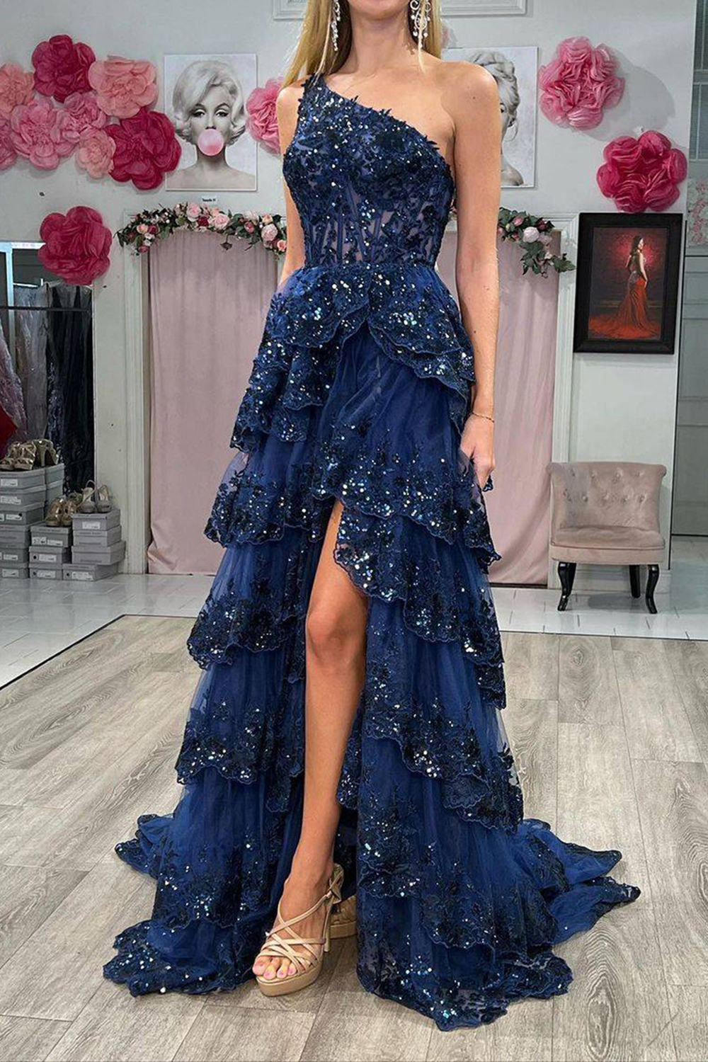 Navy Lace Corset Prom Dress with Sparkly Ruffles and One Shoulder A-Line