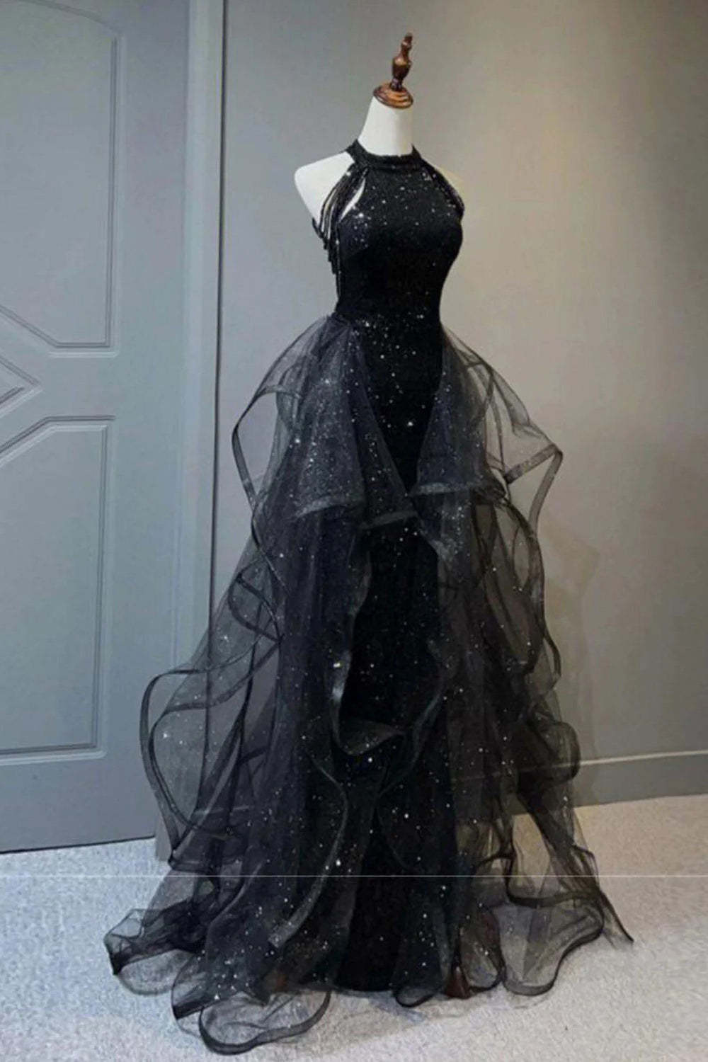 Black Tulle Long Prom Dress with Ruffles in a Halter Neck A-Line Style