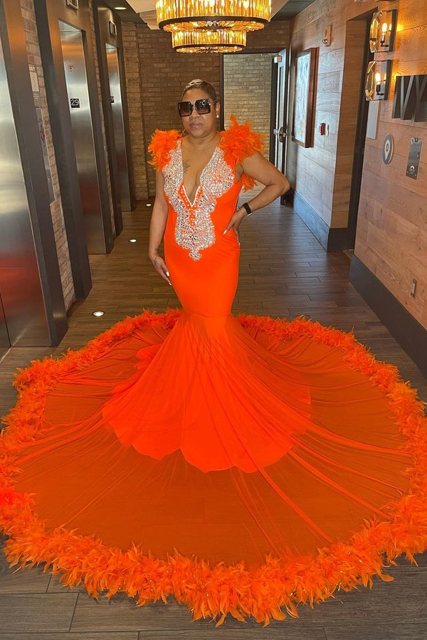Orange V-Neck Sleeveless Feather Evening Dress