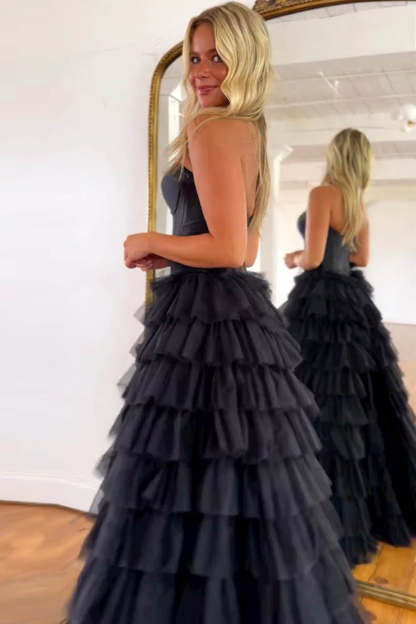Elegant Black A-Line Prom Corset Dress Featuring Sweetheart Neckline and Ruffled Slit