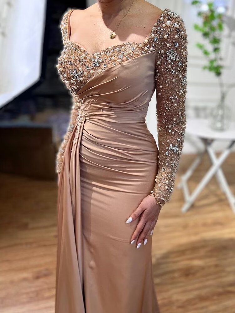 Elegant Long Sleeves Dusty Rose Bead Embroidery Mermaid Formal Dress